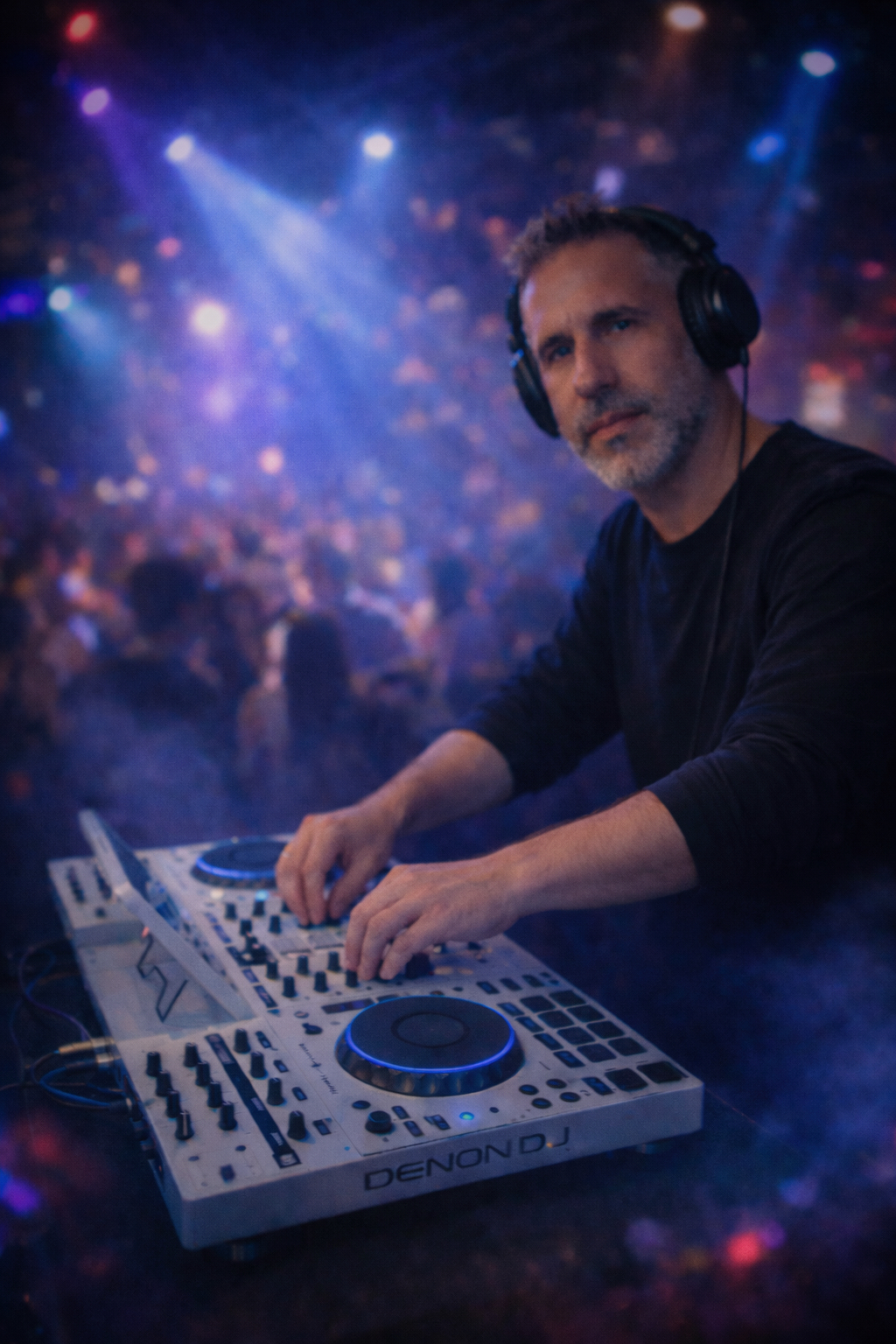 DJ SorianoBPM pinchando en cabina con público bailando, Valencia